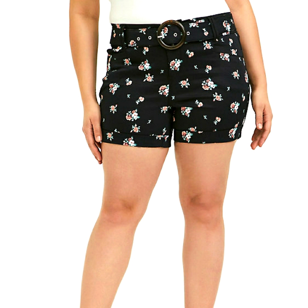Torrid Sateen Black Floral Belted Mid Shorts